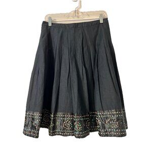 ICE Skirt Womens 8 Black Flare Lined Linen Cotton Blend Satin Sequin Hem Pleated